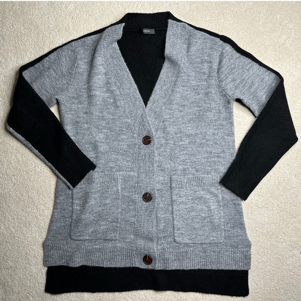 Aqua: Black and Gray Color Block Classic Cardigan